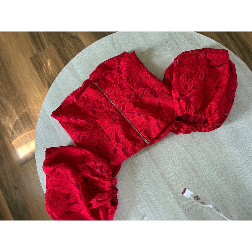 Venus Red Lace Halter Off Shoulder Puff Sleeve Romantic Ruched Crop Top Size 8 - Picture 7 of 8